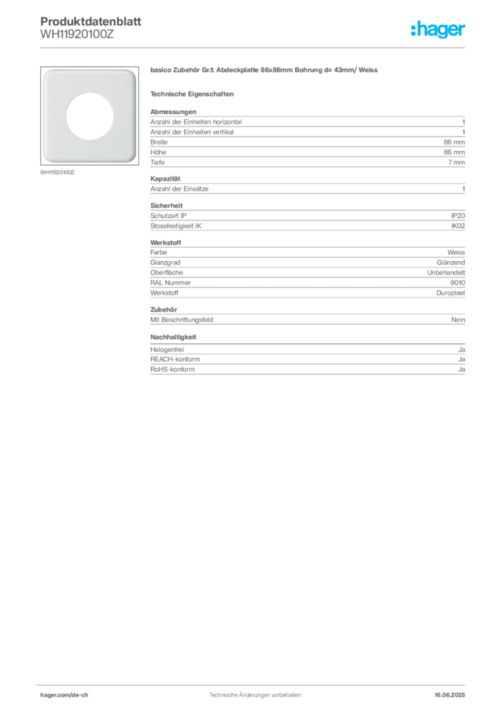 Bild Hager Produktdatenblatt WH11920100Z | Hager Schweiz