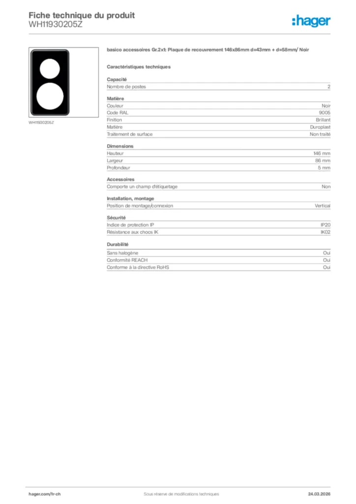 Image Hager Fiche technique du produit WH11930205Z | Hager Suisse