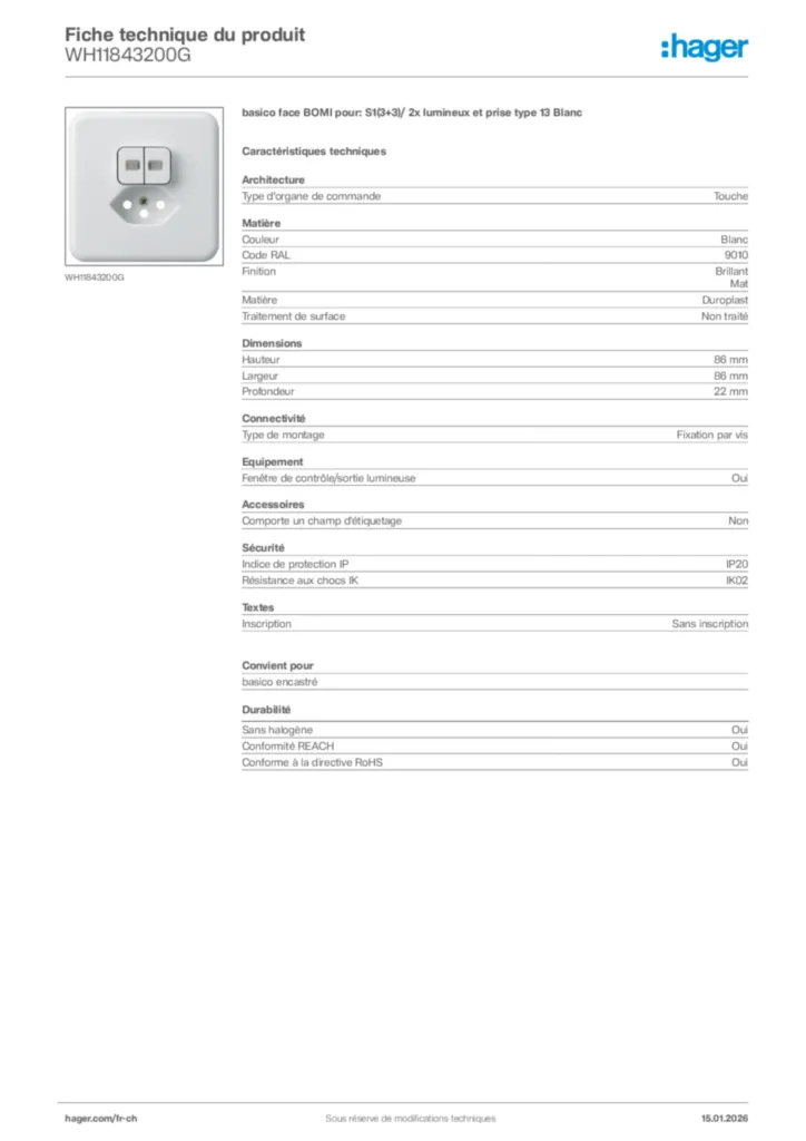 Image Hager Fiche technique du produit WH11843200G | Hager Suisse