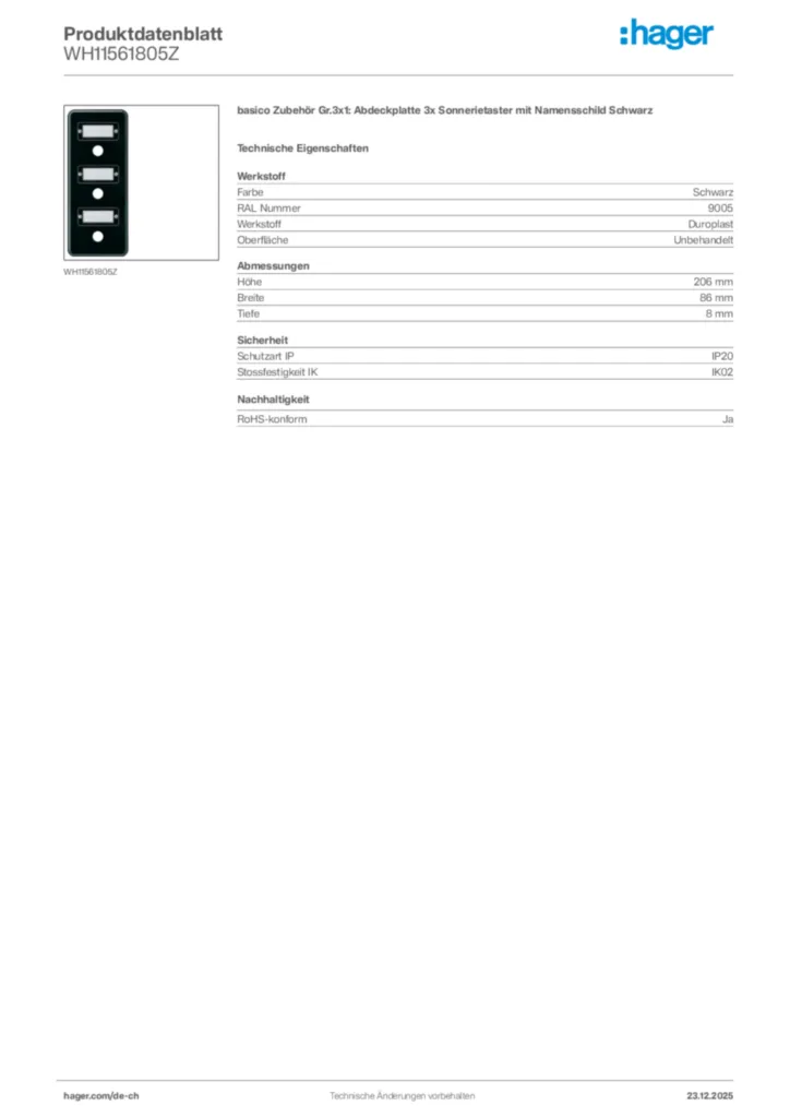 Bild Hager Produktdatenblatt WH11561805Z | Hager Schweiz