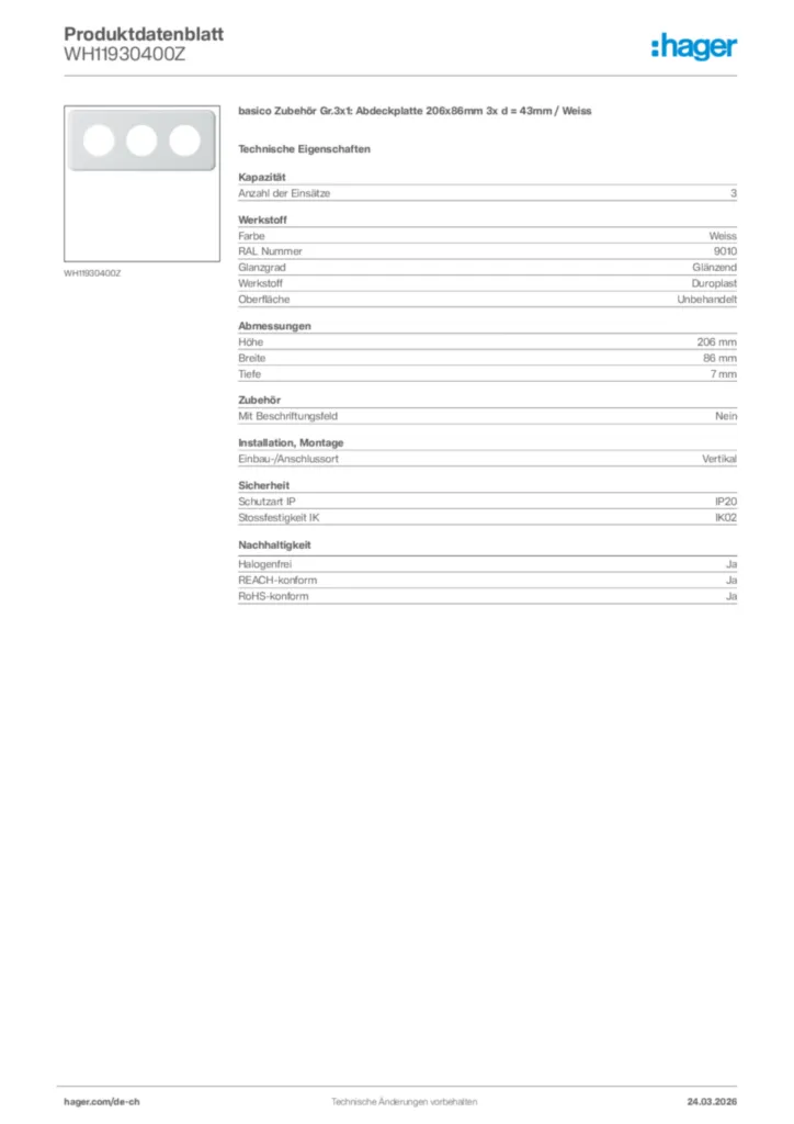 Bild Hager Produktdatenblatt WH11930400Z | Hager Schweiz
