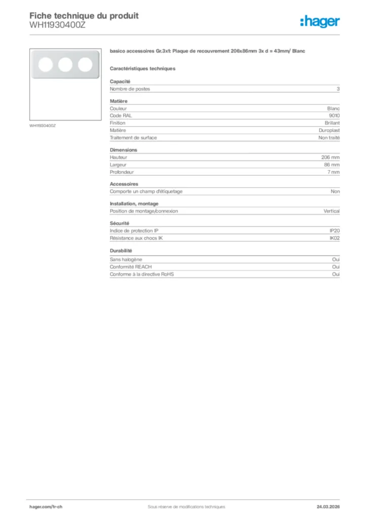 Image Hager Fiche technique du produit WH11930400Z | Hager Suisse