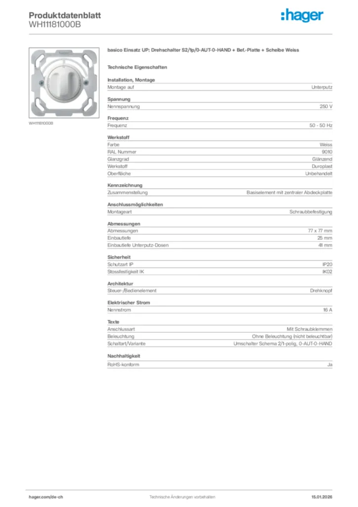 Bild Hager Produktdatenblatt WH11181000B | Hager Schweiz