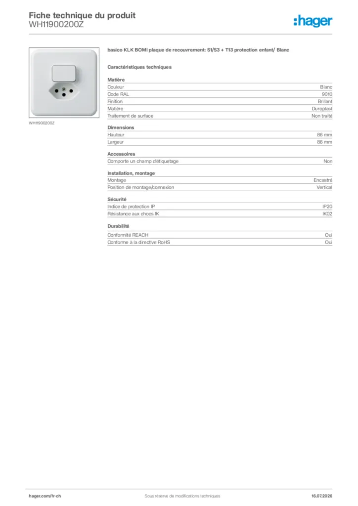 Image Hager Fiche technique du produit WH11900200Z | Hager Suisse