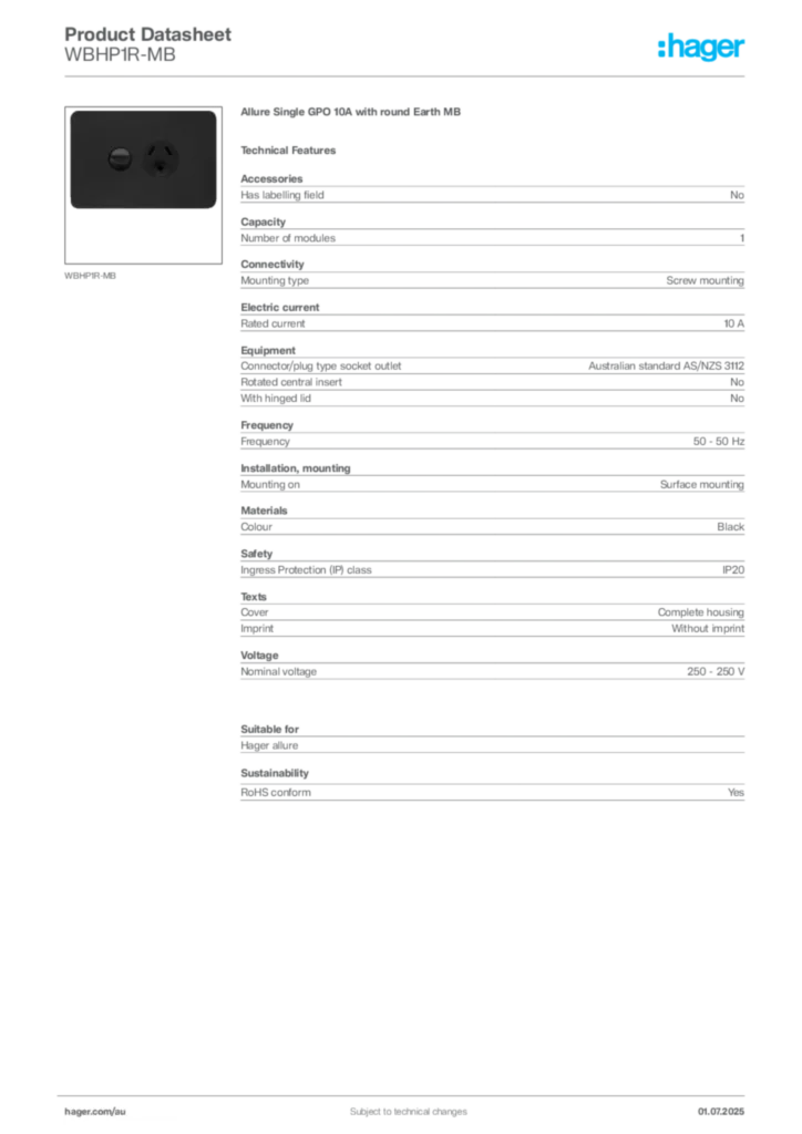 Image Hager Product data sheet WBHP1R-MB  | Hager Australia