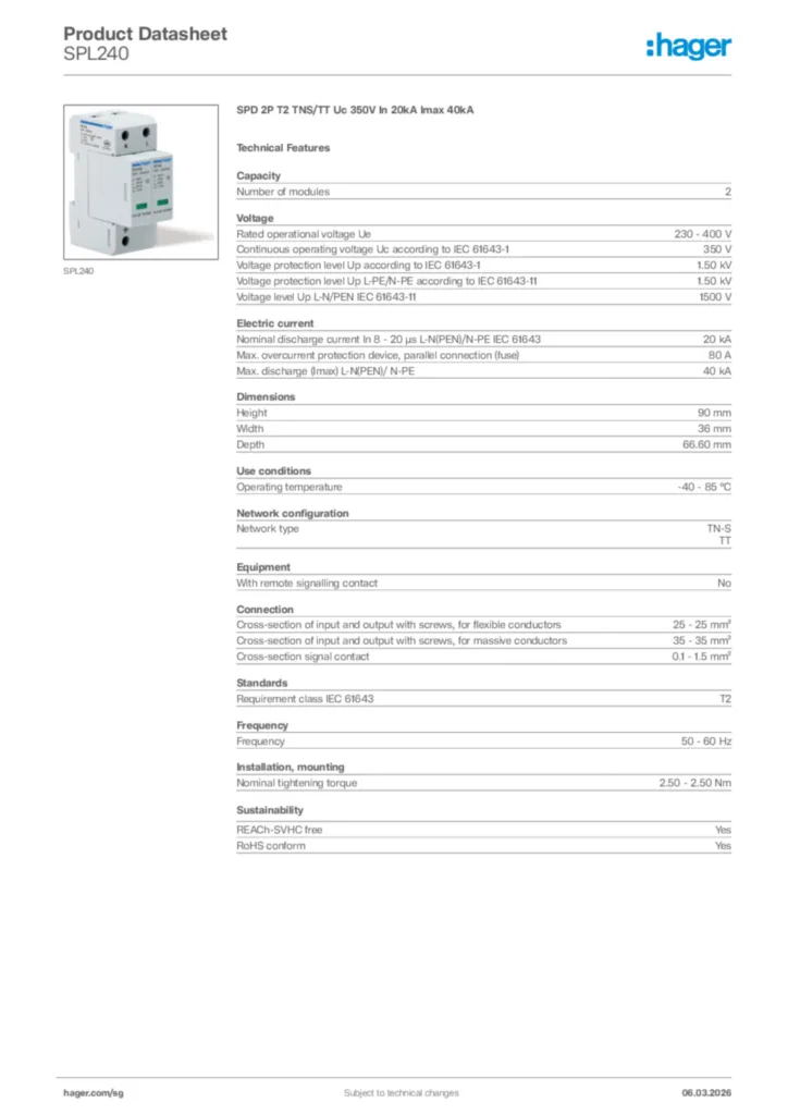 Image Hager Product data sheet SPL240  | Hager