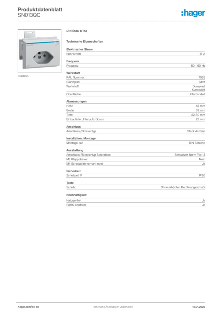 Bild Hager Produktdatenblatt SN013QC | Hager Schweiz