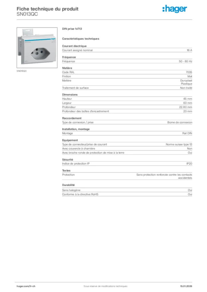 Image Hager Fiche technique du produit SN013QC | Hager Suisse