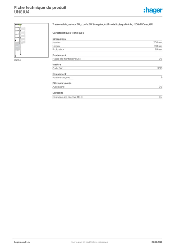 Image Hager Fiche technique du produit UN81U4 | Hager Suisse