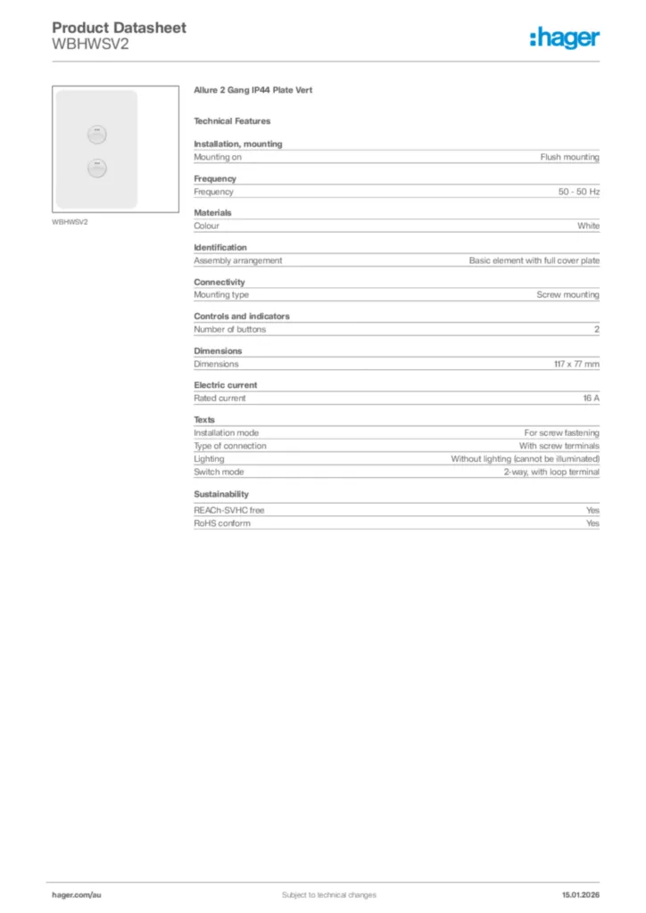 Image Hager Product data sheet WBHWSV2  | Hager Australia