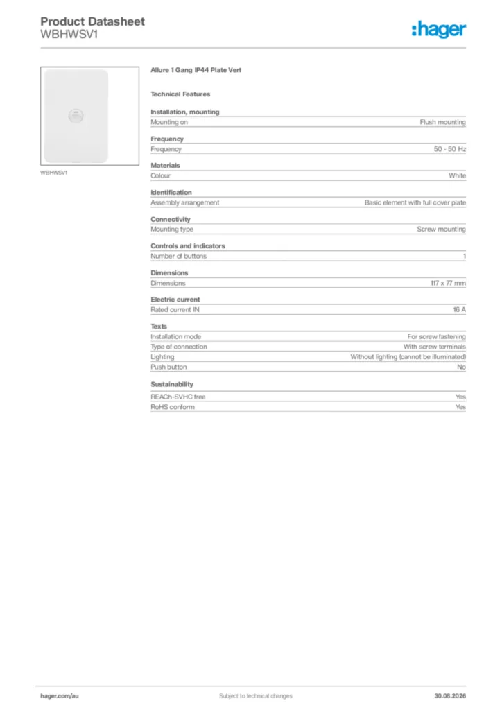 Image Hager Product data sheet WBHWSV1  | Hager Australia