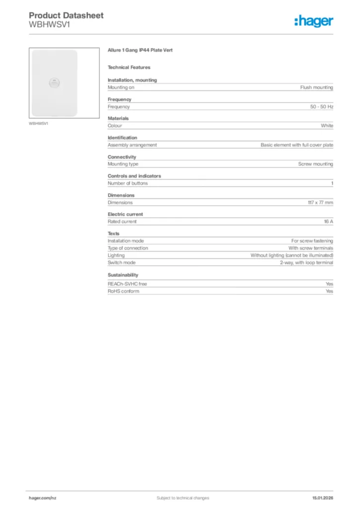 Image Hager Product data sheet WBHWSV1  | Hager New Zealand