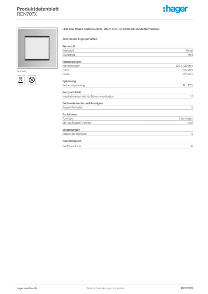 Bild Hager Produktdatenblatt REN707X | Hager Schweiz
