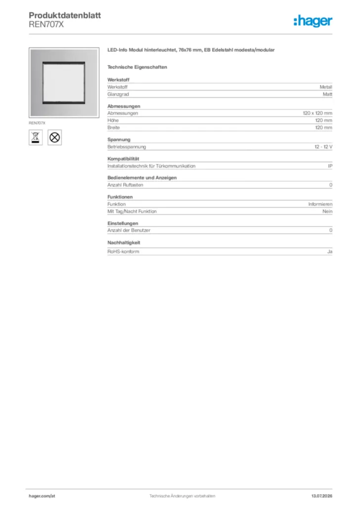 Bild Hager Produktdatenblatt REN707X | Hager Deutschland