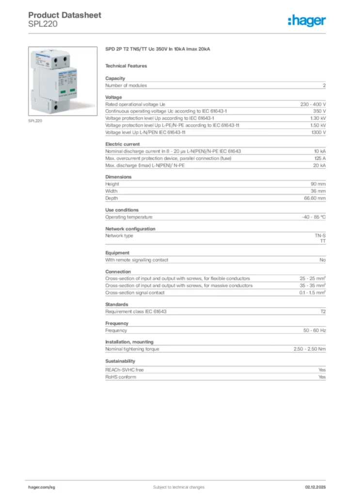 Image Hager Product data sheet SPL220  | Hager