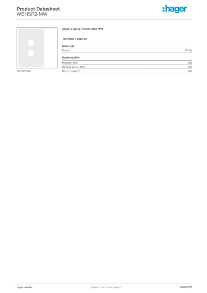 Image Hager Product data sheet WBHSP2-MW  | Hager Australia