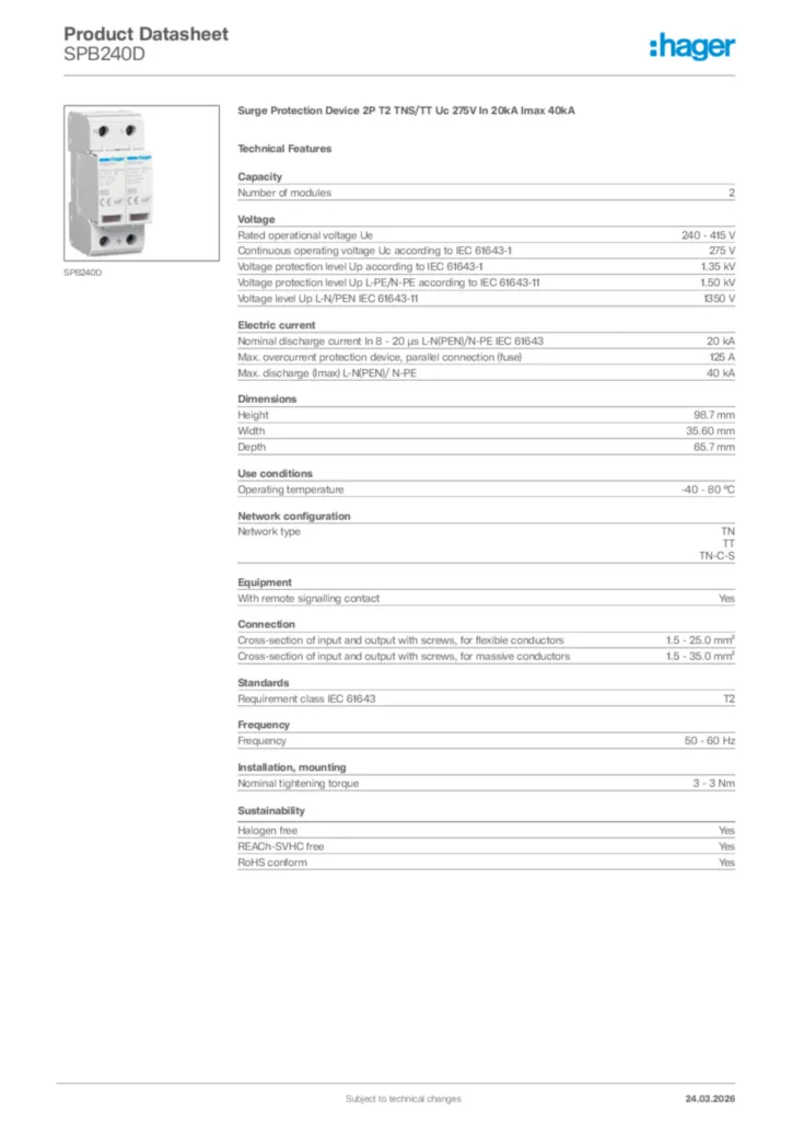 Image Hager Product data sheet SPB240D  | Hager Africa