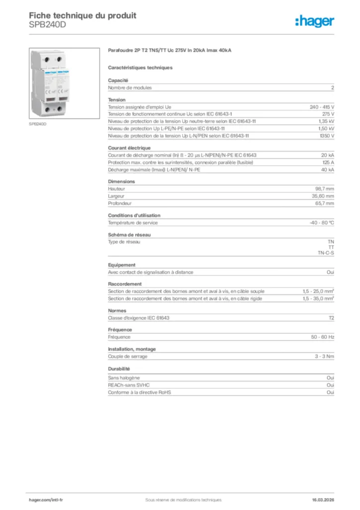 Image Hager Fiche technique du produit SPB240D | Hager Afrique