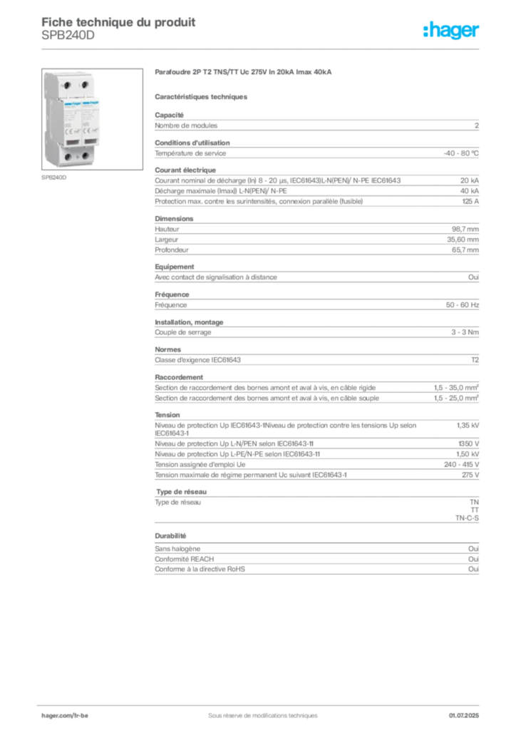 Image Hager Fiche technique du produit SPB240D | Hager Belgique