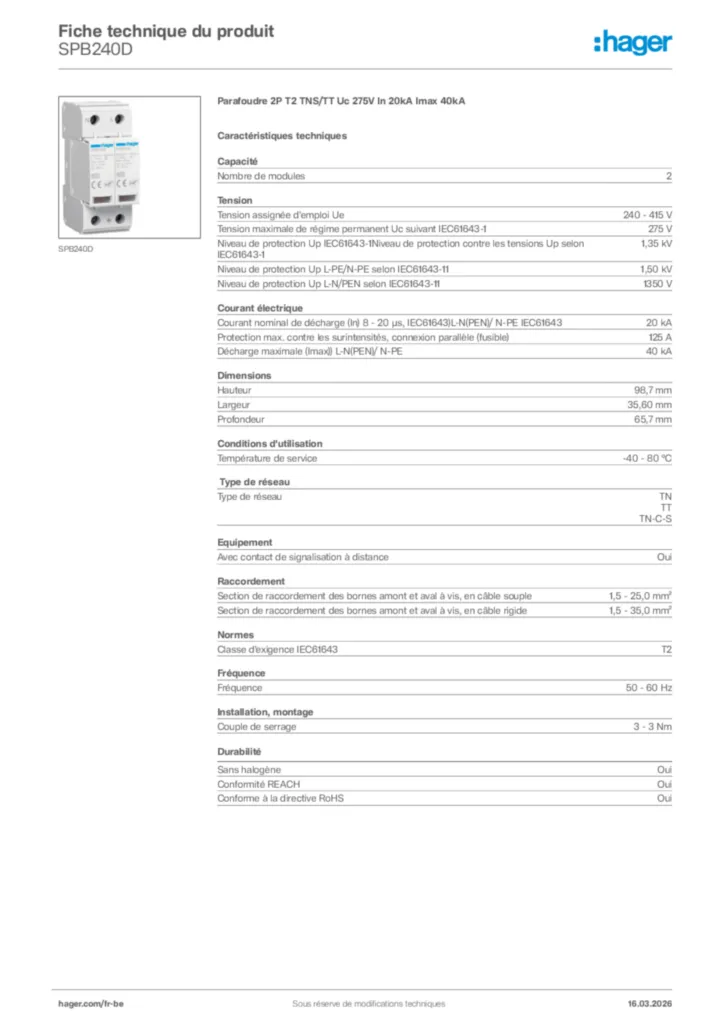 Image Hager Fiche technique du produit SPB240D | Hager Belgique
