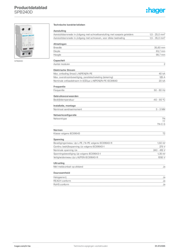 Afbeelding Hager Productdatablad SPB240D | Hager Belgium