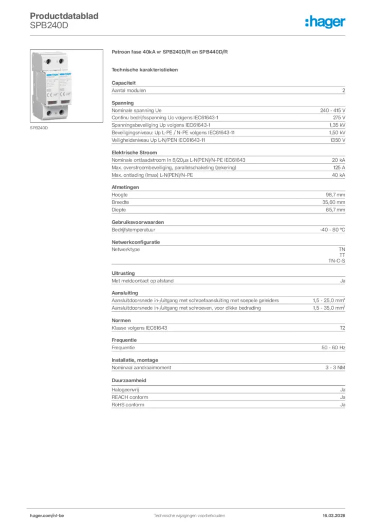 Afbeelding Hager Productdatablad SPB240D | Hager Belgium
