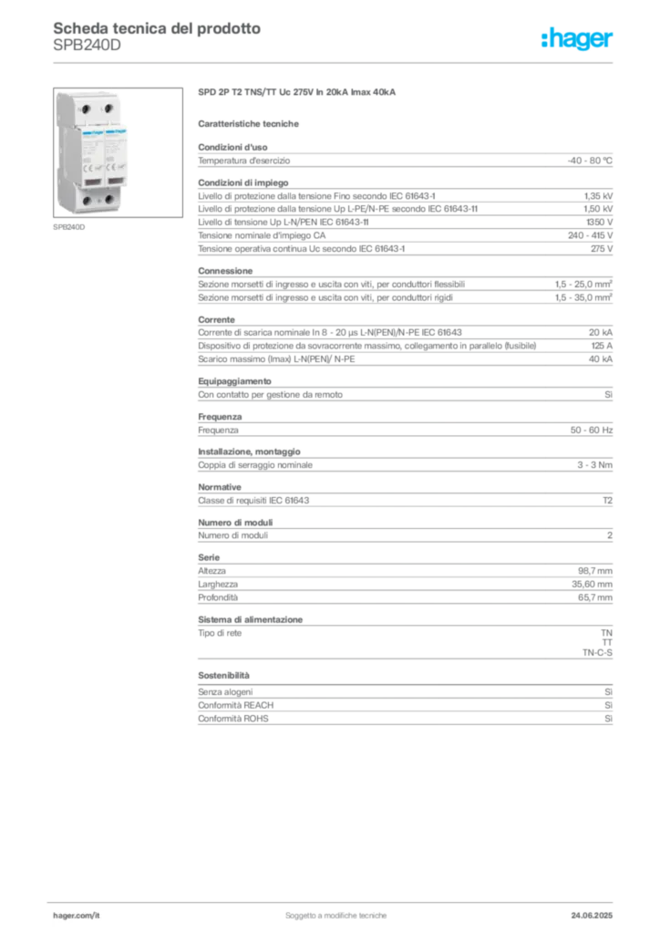 Immagine Hager Scheda tecnica del prodotto SPB240D | Hager Italia