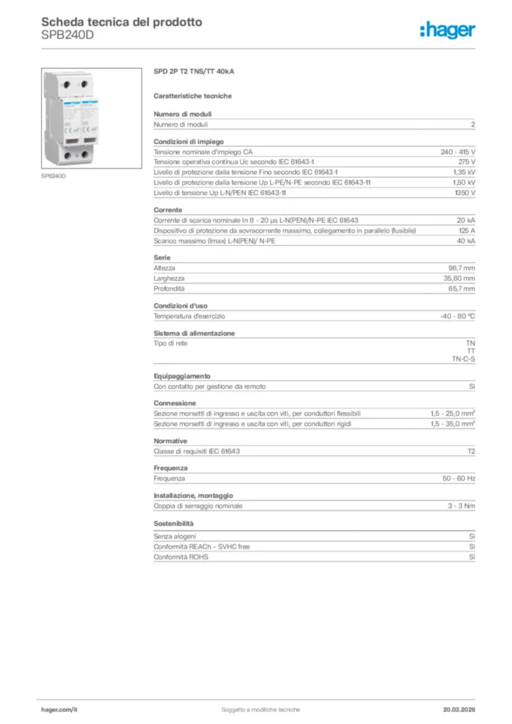 Immagine Hager Scheda tecnica del prodotto SPB240D | Hager Italia