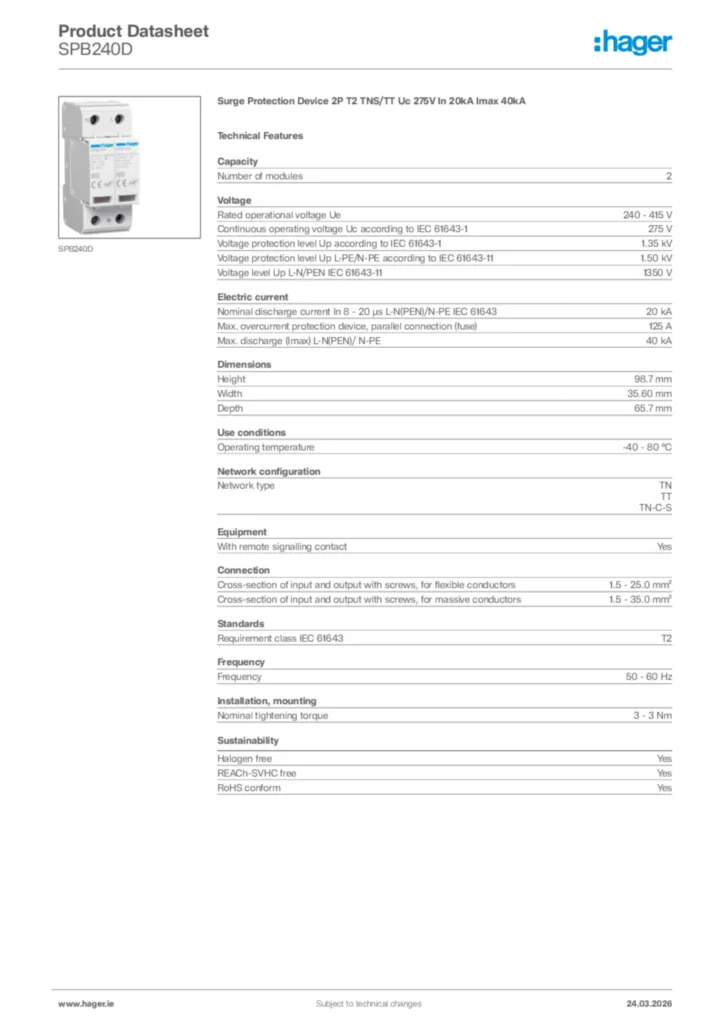 Image Hager Product data sheet SPB240D  | Hager