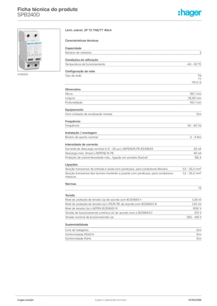 Imagem Hager Ficha técnica do produto SPB240D | Hager Portugal
