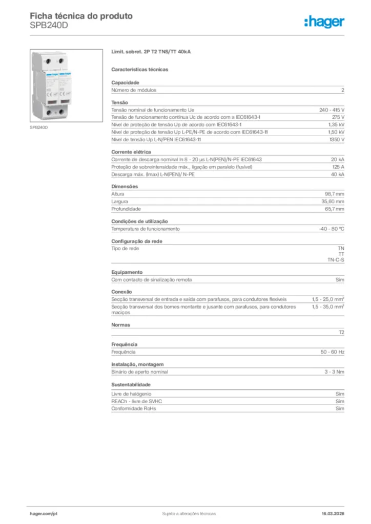 Imagem Hager Ficha técnica do produto SPB240D | Hager Portugal