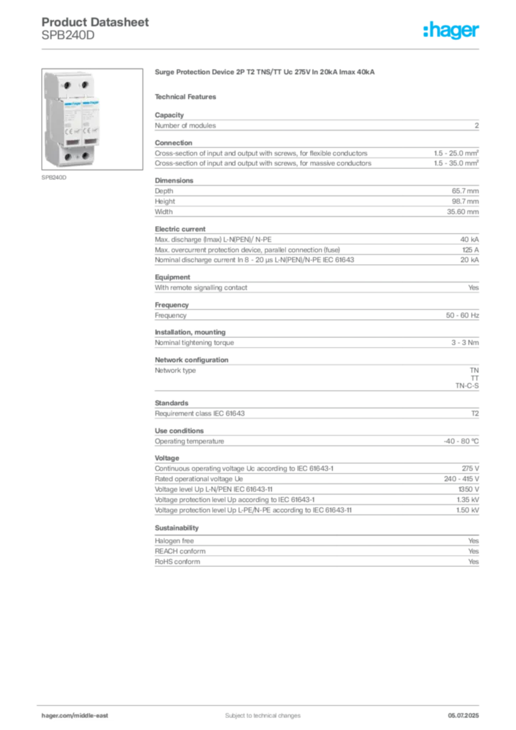 Image Hager Product data sheet SPB240D  | Hager
