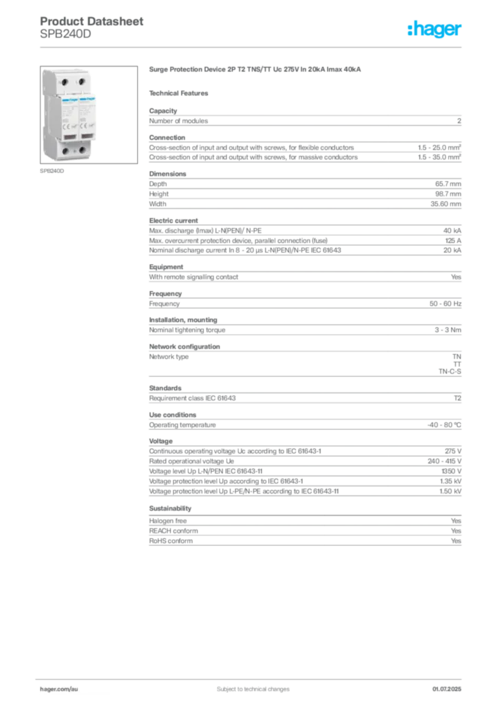 Image Hager Product data sheet SPB240D  | Hager Australia