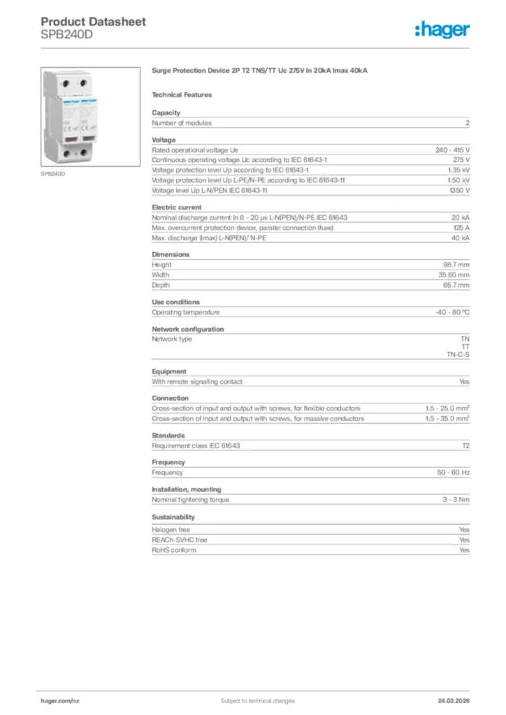Image Hager Product data sheet SPB240D  | Hager New Zealand