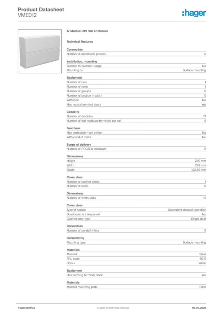 Image Hager Product data sheet VME012  | Hager