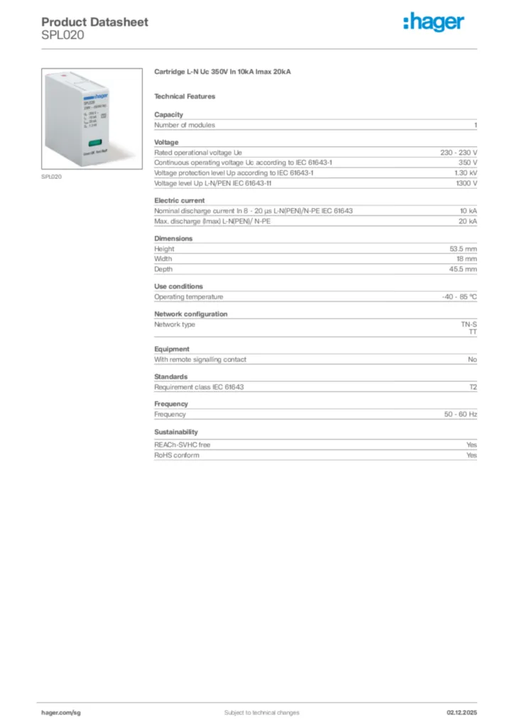 Image Hager Product data sheet SPL020  | Hager