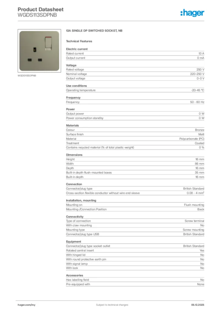 Image Hager Product data sheet WGDS113SDPNB  | Hager