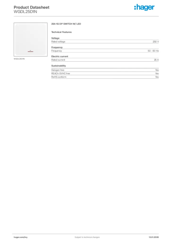 Image Hager Product data sheet WGDL25D1N  | Hager