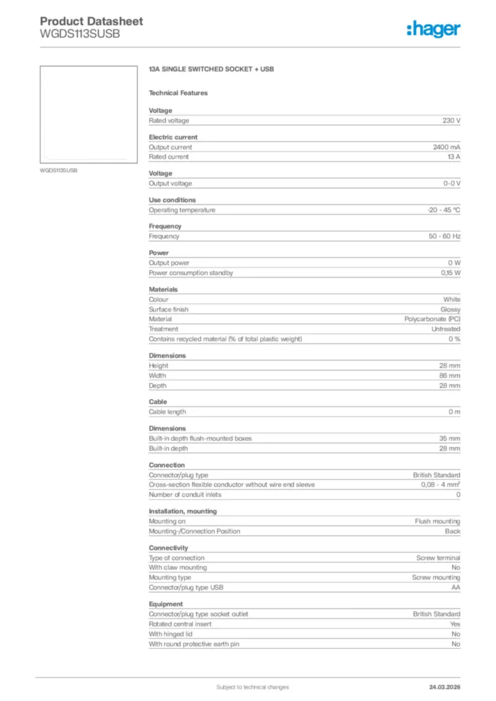Image Hager Product data sheet WGDS113SUSB  | Hager