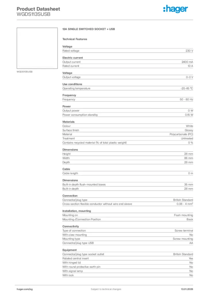 Image Hager Product data sheet WGDS113SUSB  | Hager