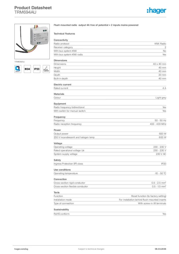 Image Hager Product data sheet TRM694AU  | Hager