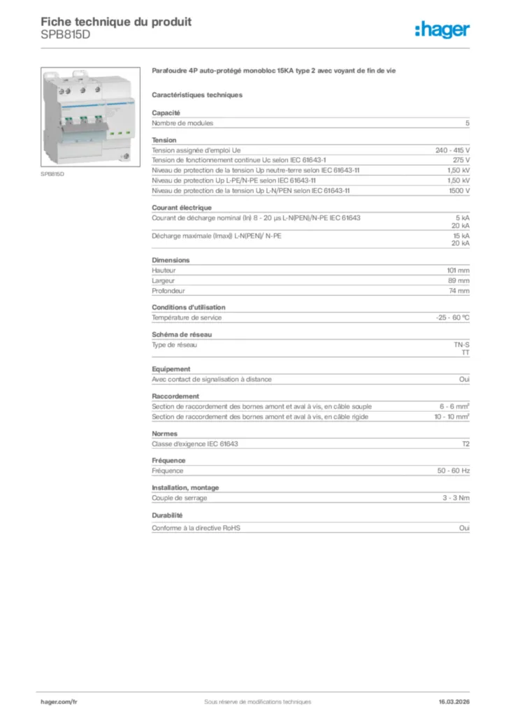 Image Hager Fiche technique du produit SPB815D | Hager France