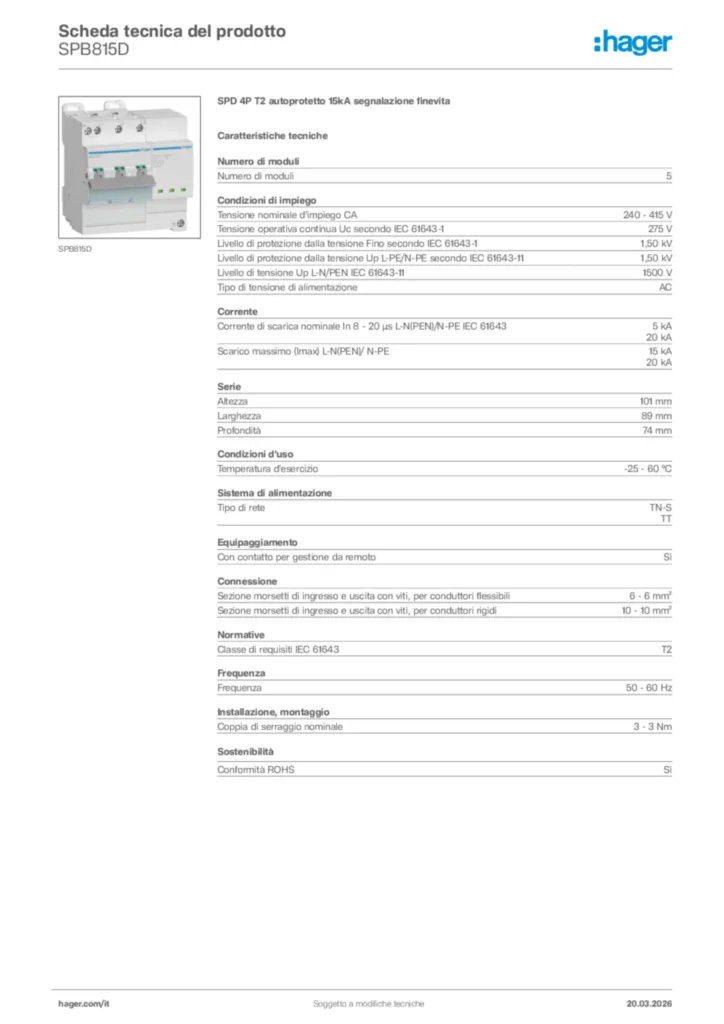 Immagine Hager Scheda tecnica del prodotto SPB815D | Hager Italia