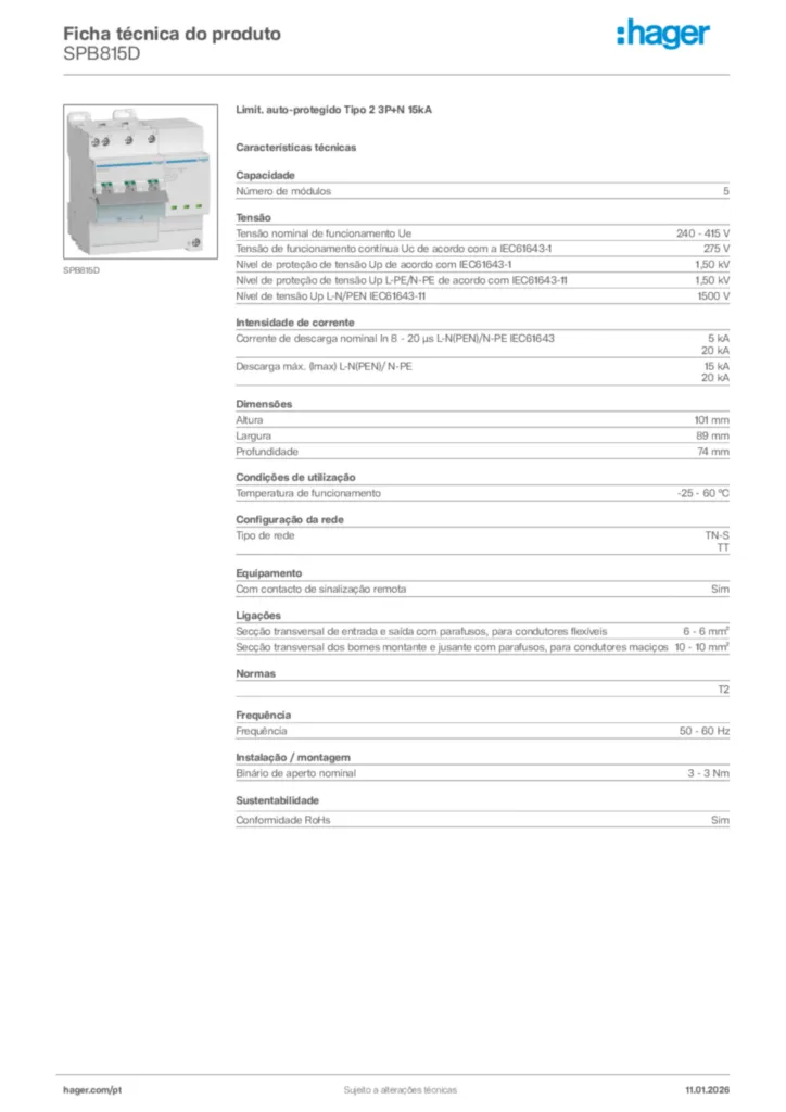Imagem Hager Ficha técnica do produto SPB815D | Hager Portugal