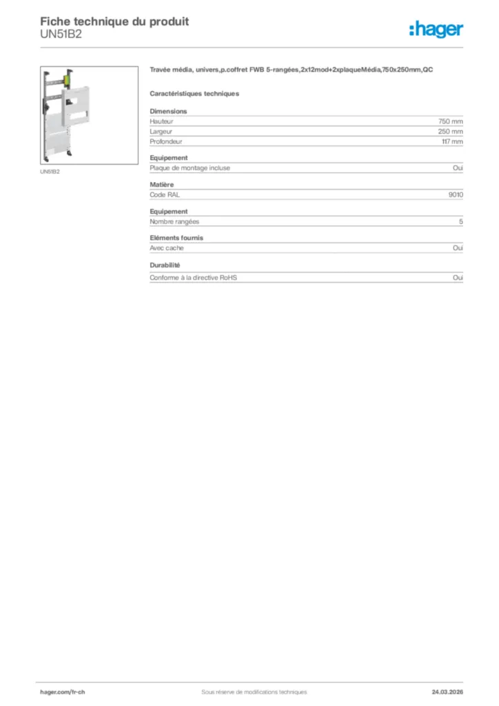 Image Hager Fiche technique du produit UN51B2 | Hager Suisse