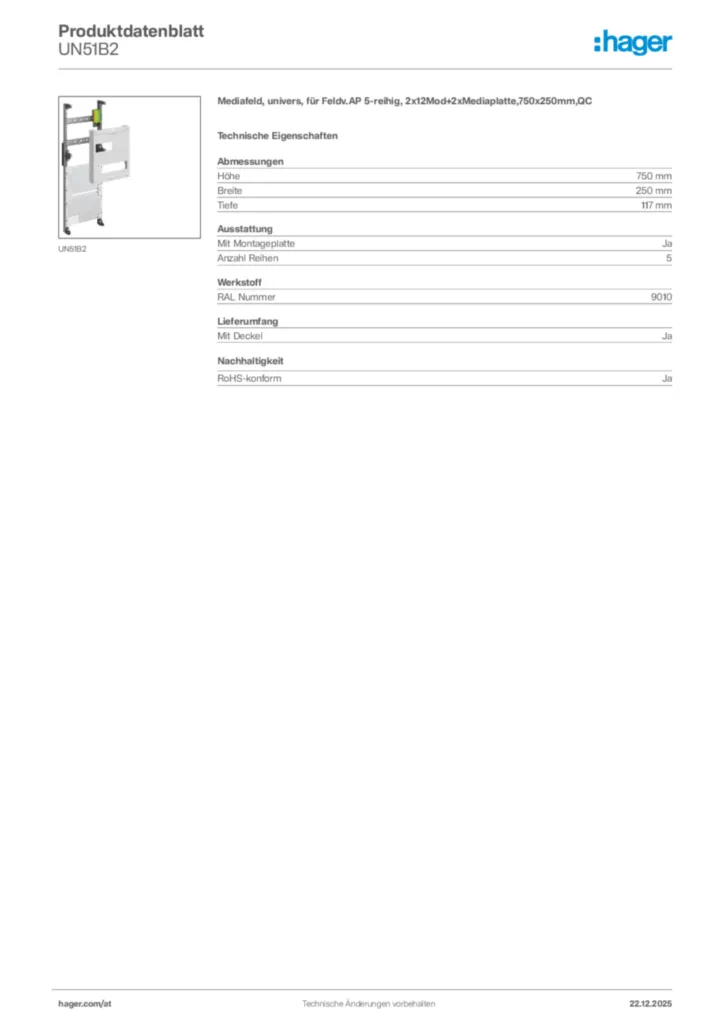 Bild Hager Produktdatenblatt UN51B2 | Hager Deutschland