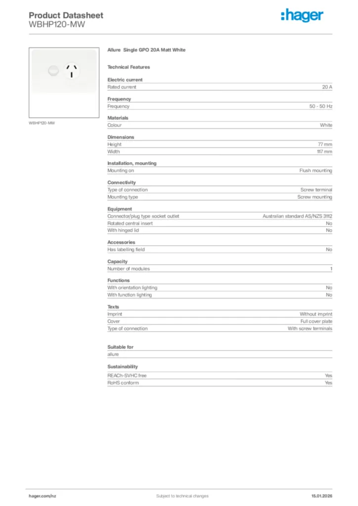 Image Hager Product data sheet WBHP120-MW  | Hager New Zealand