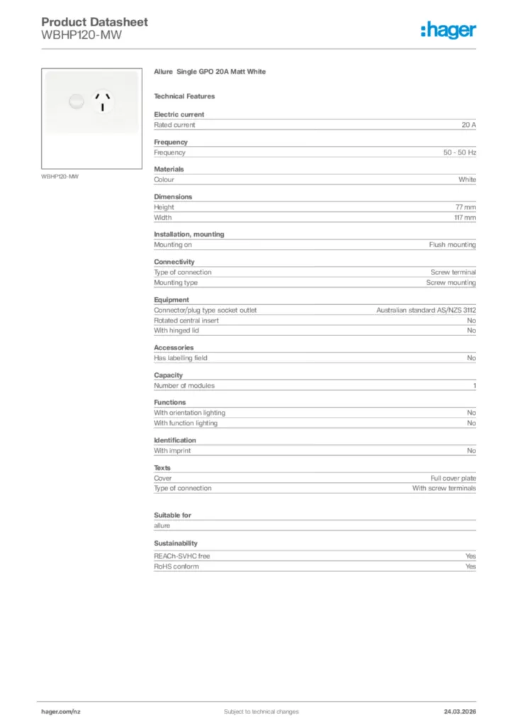 Image Hager Product data sheet WBHP120-MW  | Hager New Zealand