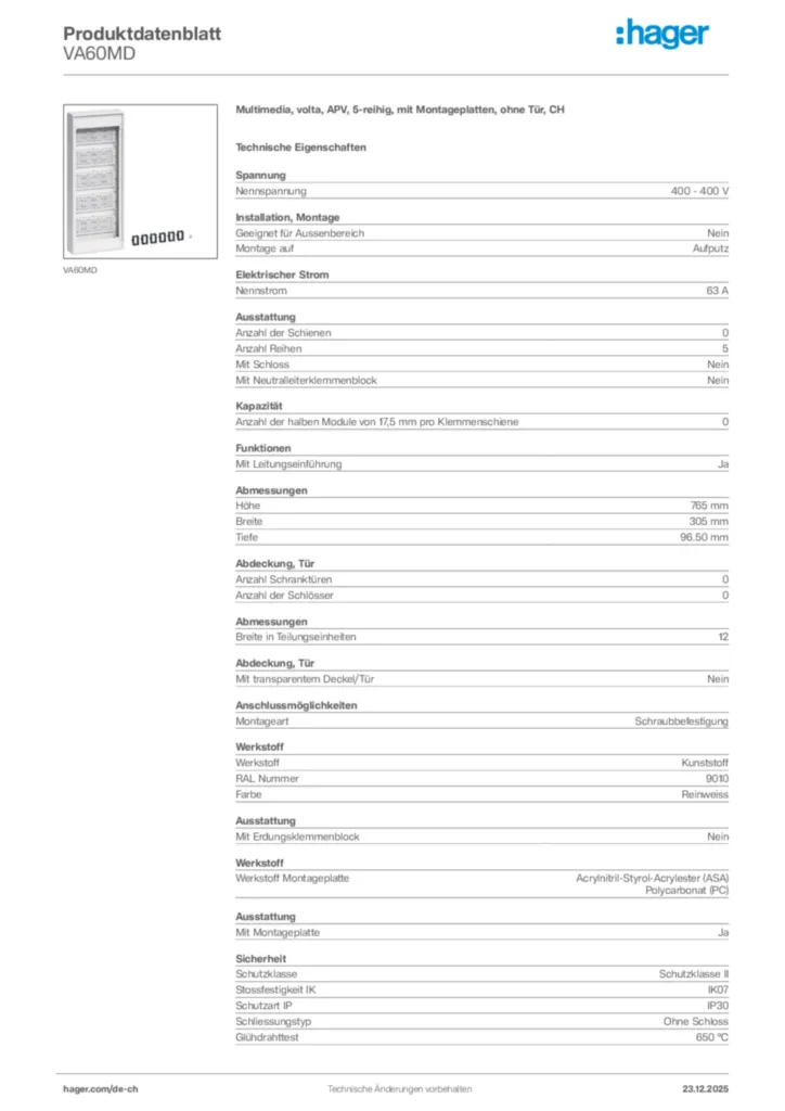 Bild Hager Produktdatenblatt VA60MD | Hager Schweiz