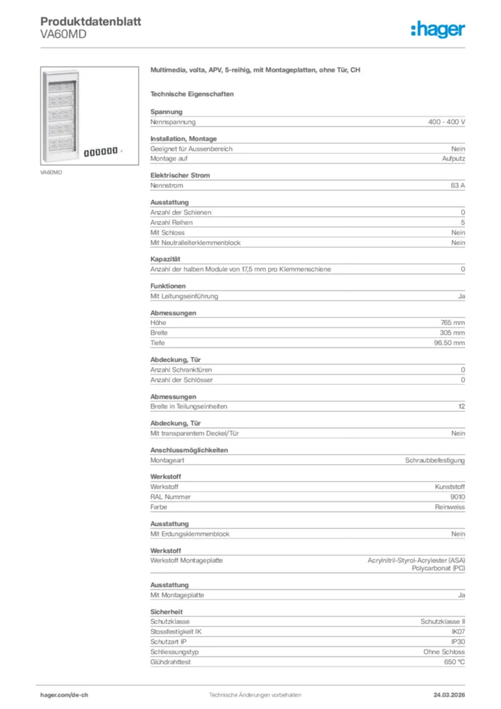 Bild Hager Produktdatenblatt VA60MD | Hager Schweiz